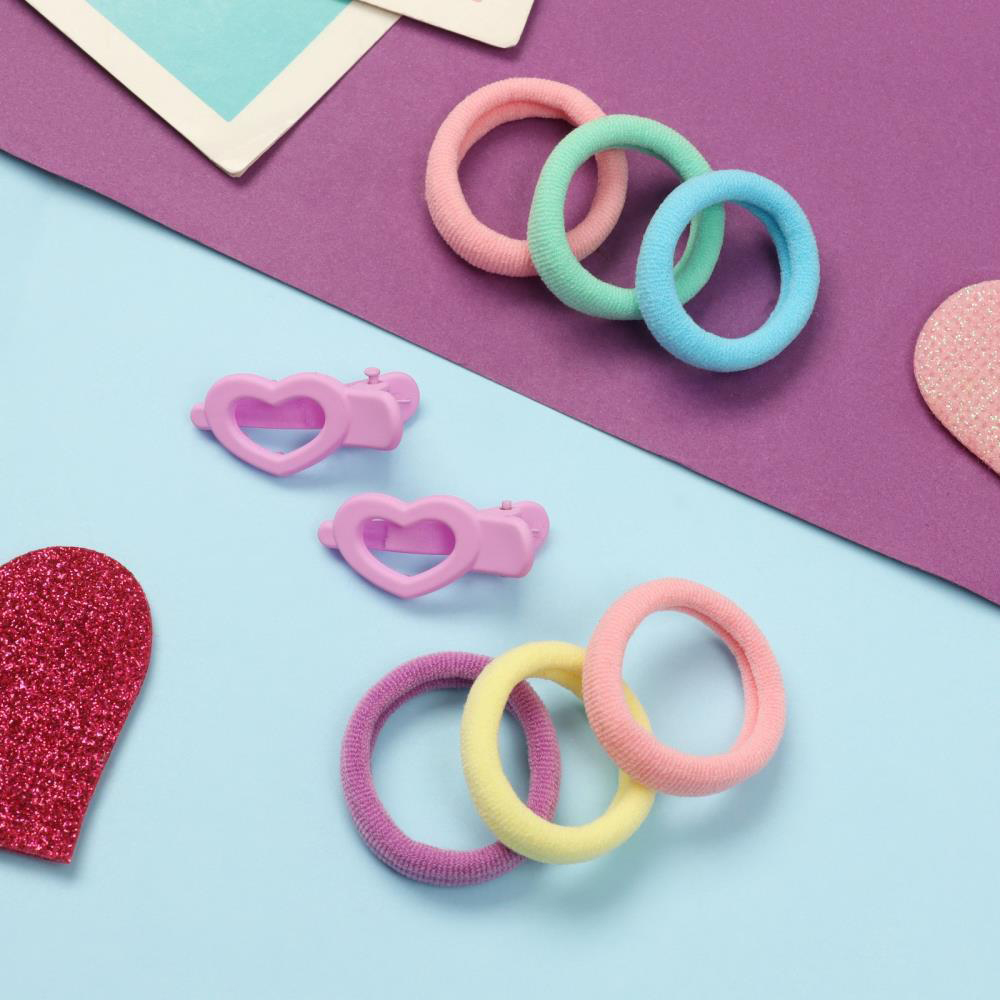 картинка Набор для волос 10309459 (10 резинок 3 см + 2 зажима 3 см), сердечность, сиреневый 